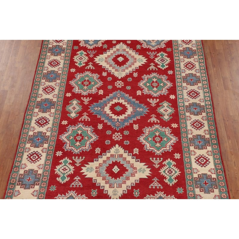 Geometric Red Kazak Oriental Area Rug Handmade Living Room Wool Carpet - 6'8" x 9'11"