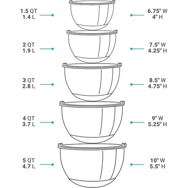 dimension image slide 2 of 3, Belwares 5-Piece Stainless Steel Mixing Bowls with Airtight Lids and Graters - Non-Slip Nesting Bowls Set