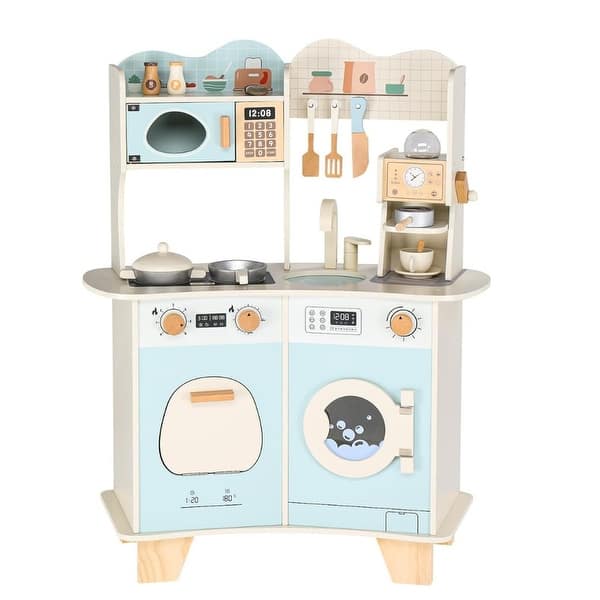 slide 2 of 7, Wooden Play Kitchen with Coffee Maker, Toy Washing Machine, Oven, Microwave & Cooking Set Accessories Kitchens