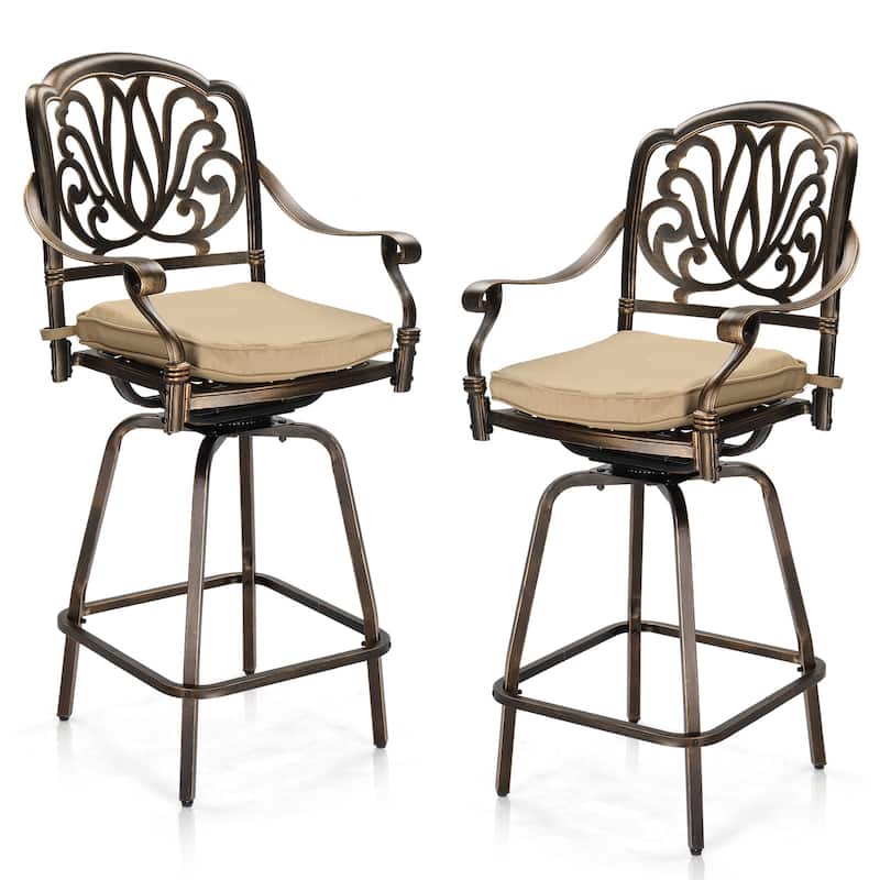 Set of 2 Aluminum Swivel Bar Stools with Thick Comfortable Cushions and Footrests for Patio or Porch - 25.2"D x 25.6"W x 51"H