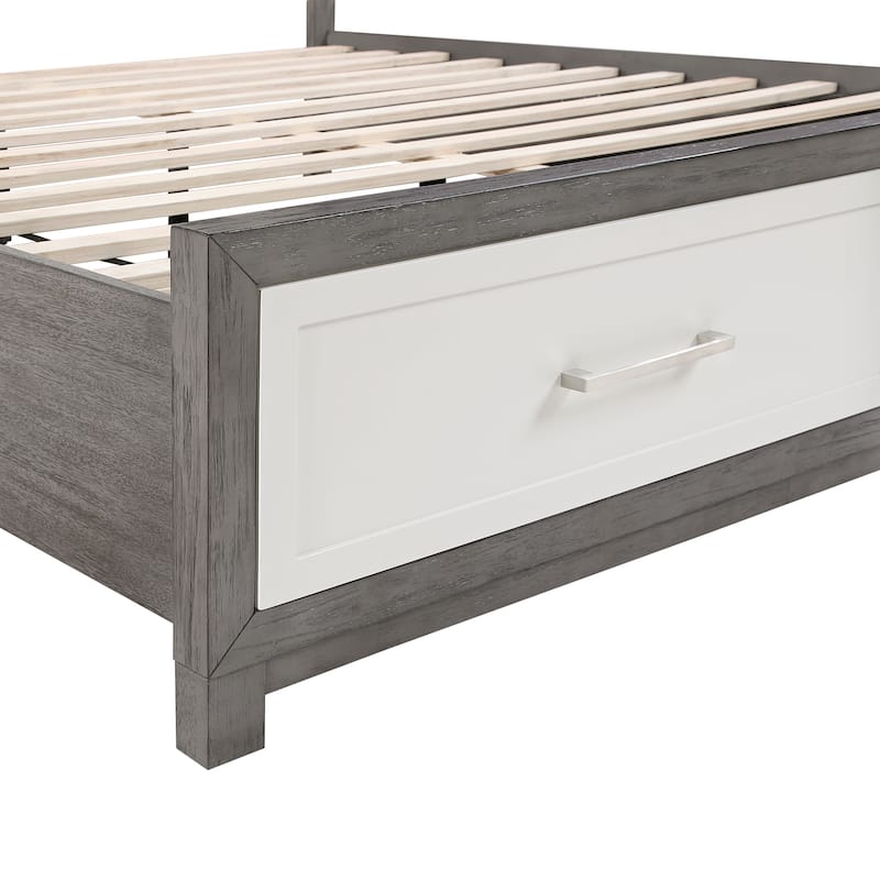 Queen Platform Bed with Footboard Storage in Ivory and Gray Finish