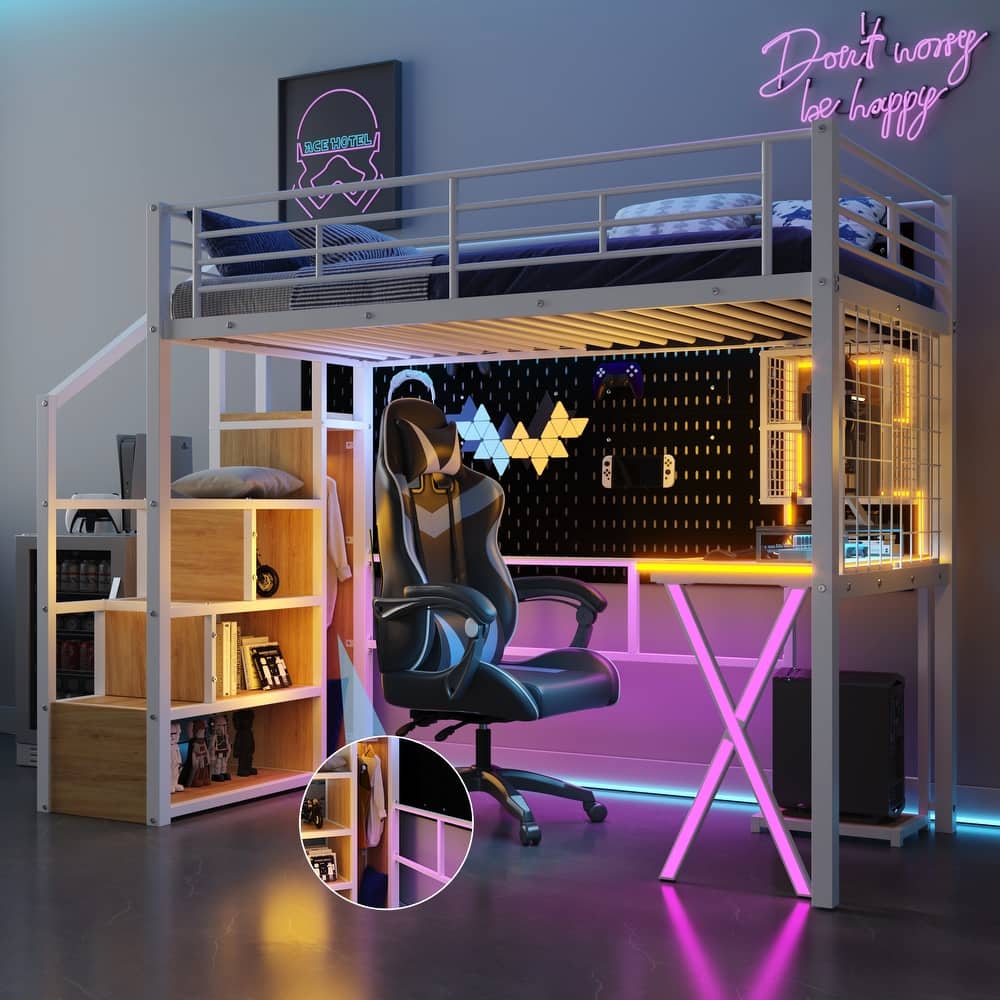 Metal Loft Bed Frame with Built-in Work Station, Computer Desk, Wardrobe, Storage Staircase and LED