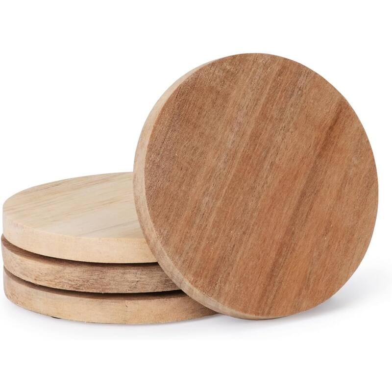 4 Pack Round Acacia Wood Coasters 4" Round Protects Surfaces, Attractive, Easily Wipes Clean - Brown