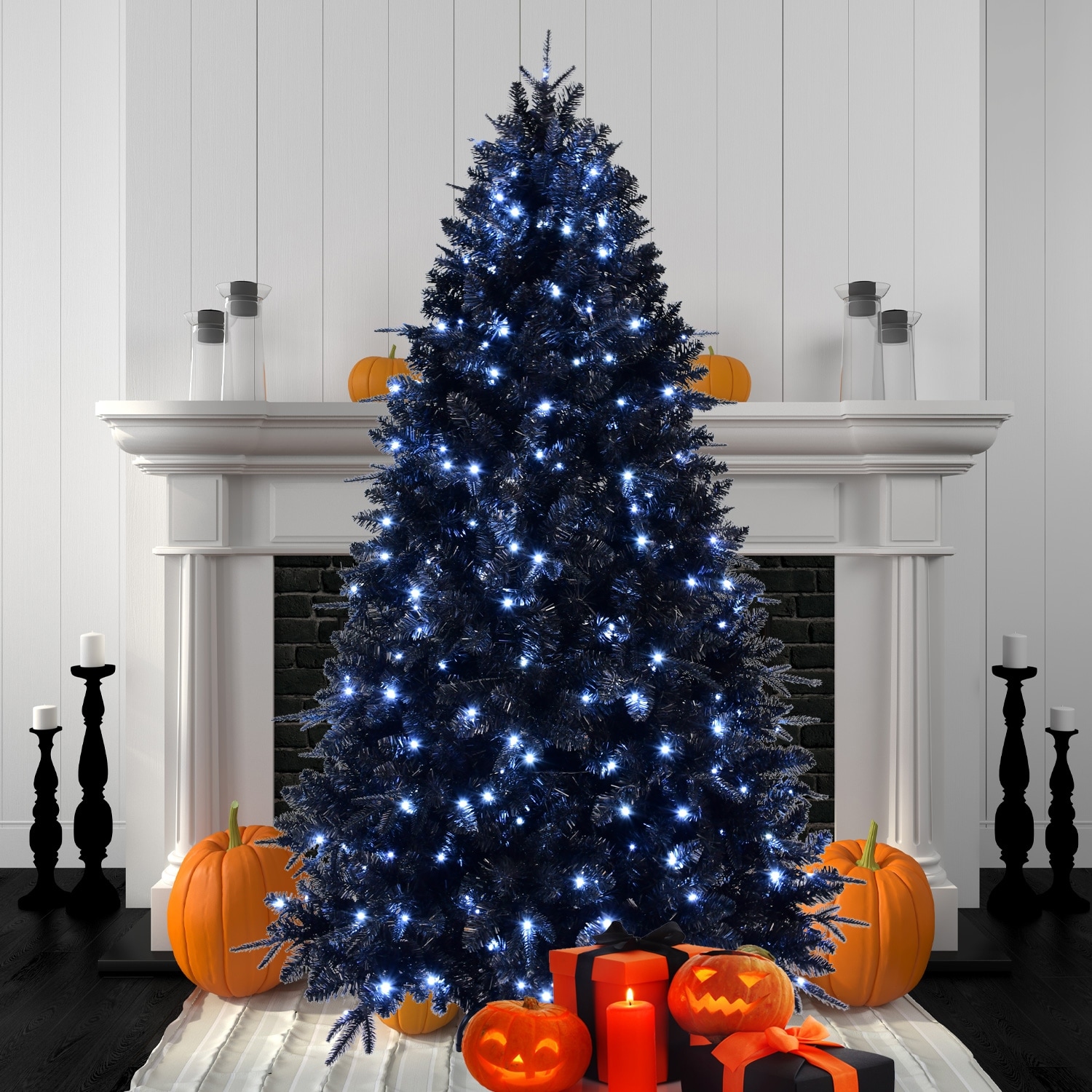 Pre-Lit Black Artificial Tree - White LED Lights, PE+PVC Branches, Halloween/Christmas