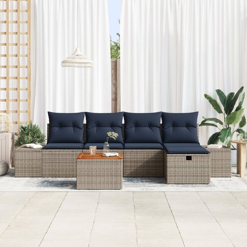 vidaXL 6 Garden Sofa Set with Cushions Black/Grey Poly Rattan - 115.8 x 46.1 x 27.2