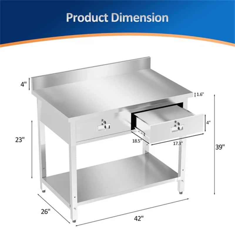42 x 26 Inches Stainless Steel Table with 2 Drawers - N/A