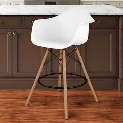 HomeRoots 28" White And Brown Heavy Duty Plastic And Solid Wood Low Back Counter Height Bar Chair