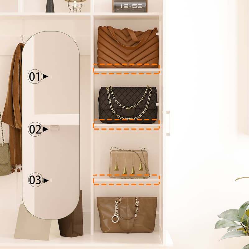 Modern White Hall Tree Entryway Storage Cabinet with Mirror and Drawers Entryway Bench - 47.2"X73.6"