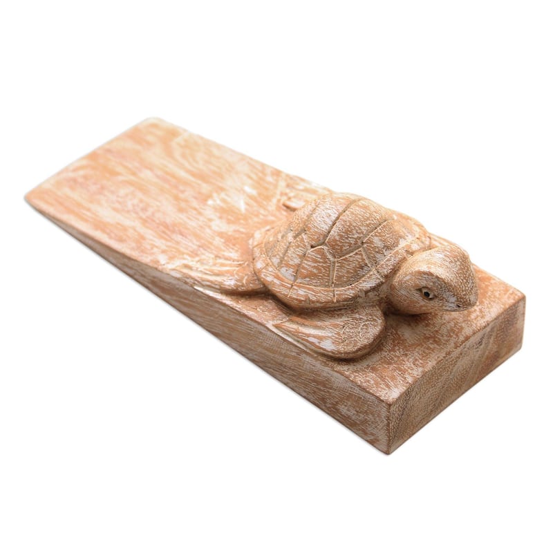 Novica Handmade Distressed Baby Turtle Wood Door Stopper - 5 cm H x 16.5 cm W x 6 cm D