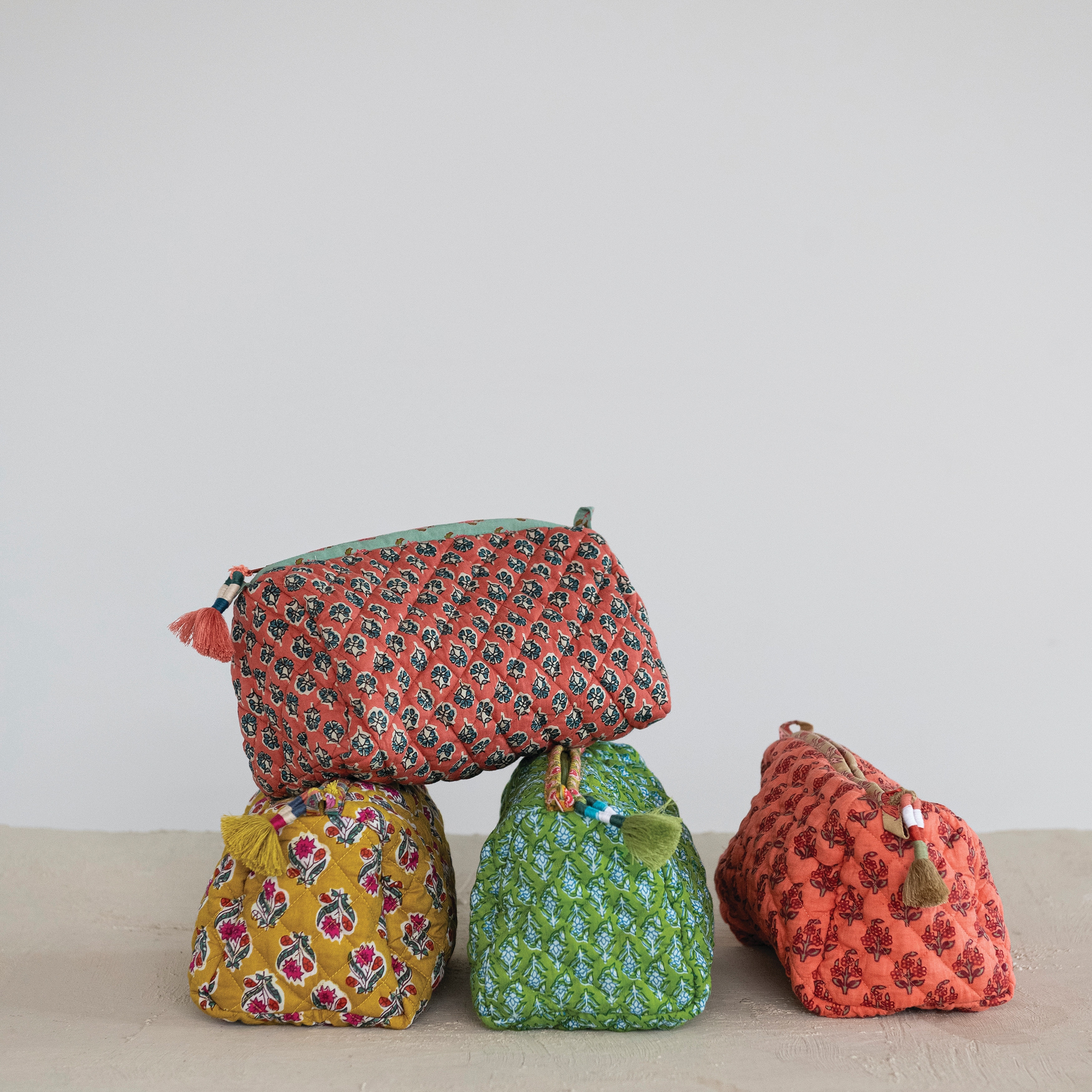 Quilted Cotton Velvet Printed Zip Pouch with Interior Lining and Pockets - 9.5"L x 5.0"W x 4.5"H