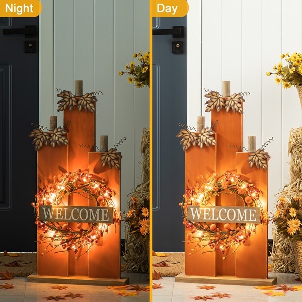 Glitzhome Fall Lighted Wooden Welcome Porch Decor w/Wreath - On