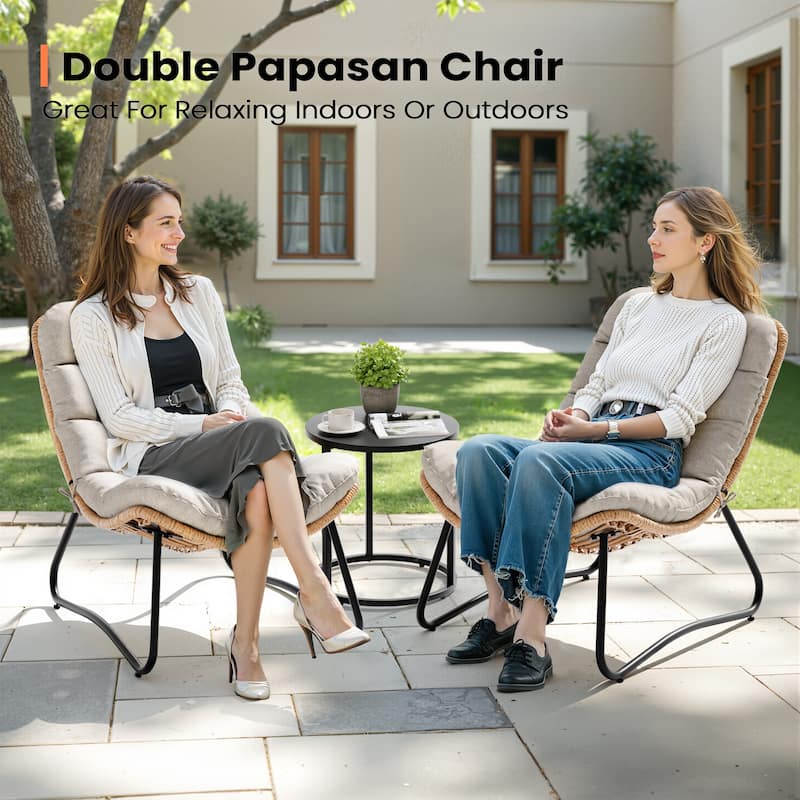 2-Piece Papasan PE Rattan Chair with Cushion For Indoor Outdoor