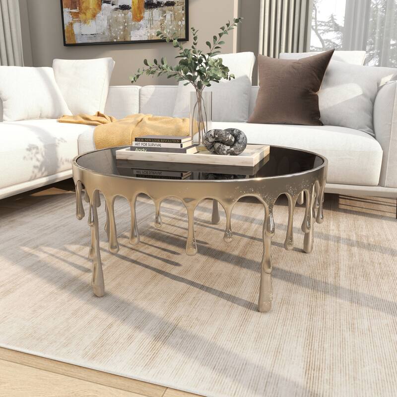 Aluminum Metal Accent, Console, and Coffee Table Collection with Drip Melting Design and Smoke Shaded Glass Top Multiple Colors