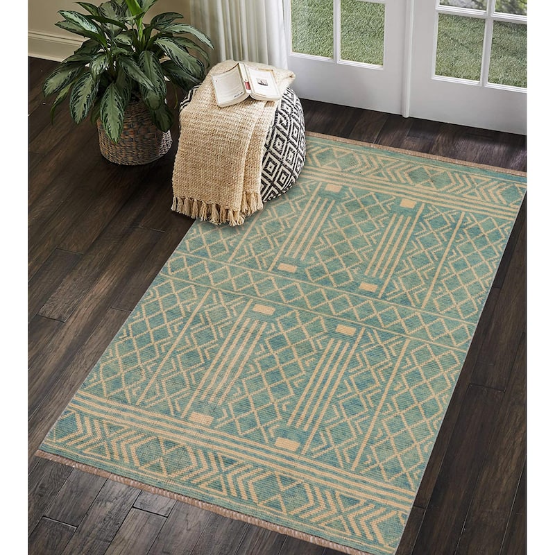Boho Chic Balochi Ferguson Blue/Beige Hand Knotted Wool Rug - 3'2'' x 5'1''