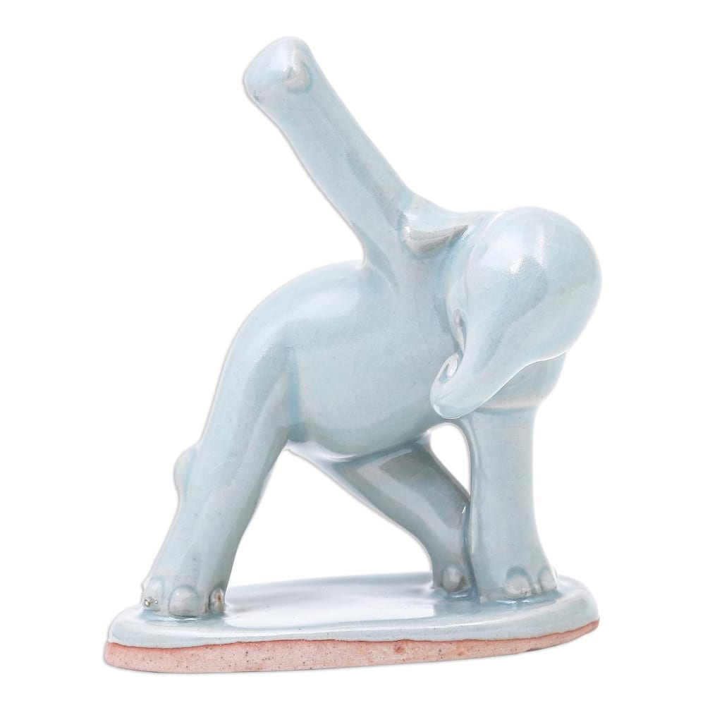 Novica Handmade Elephant Triangle Pose Celadon Ceramic Figurine