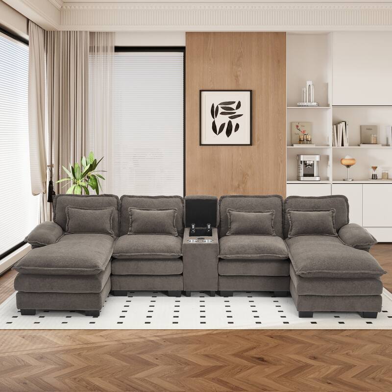 U-shaped Sectional Sofa Chenille Fabric Doudle Layer Cushion with USB Central Console