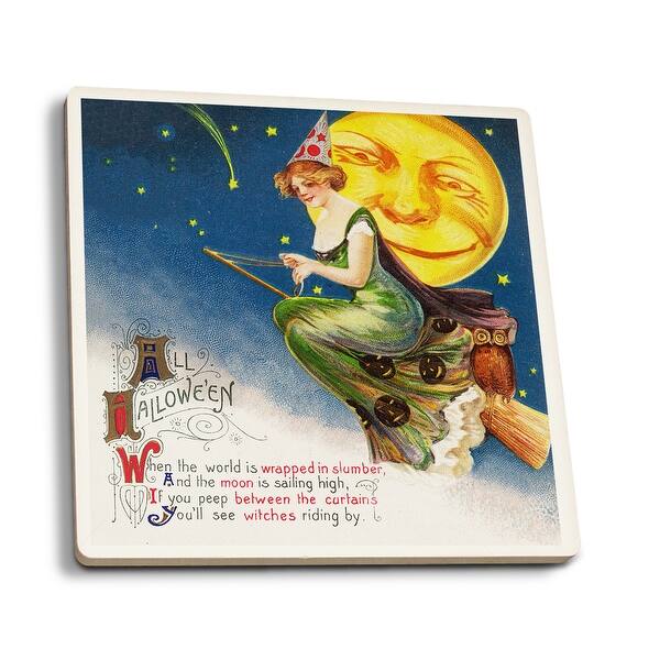Shop All Halloween Witch On A Broom By Full Moon Scene Vintage Holiday Art Set Of 4 Ceramic Coasters Cork Backed Absorbent Overstock 14141700