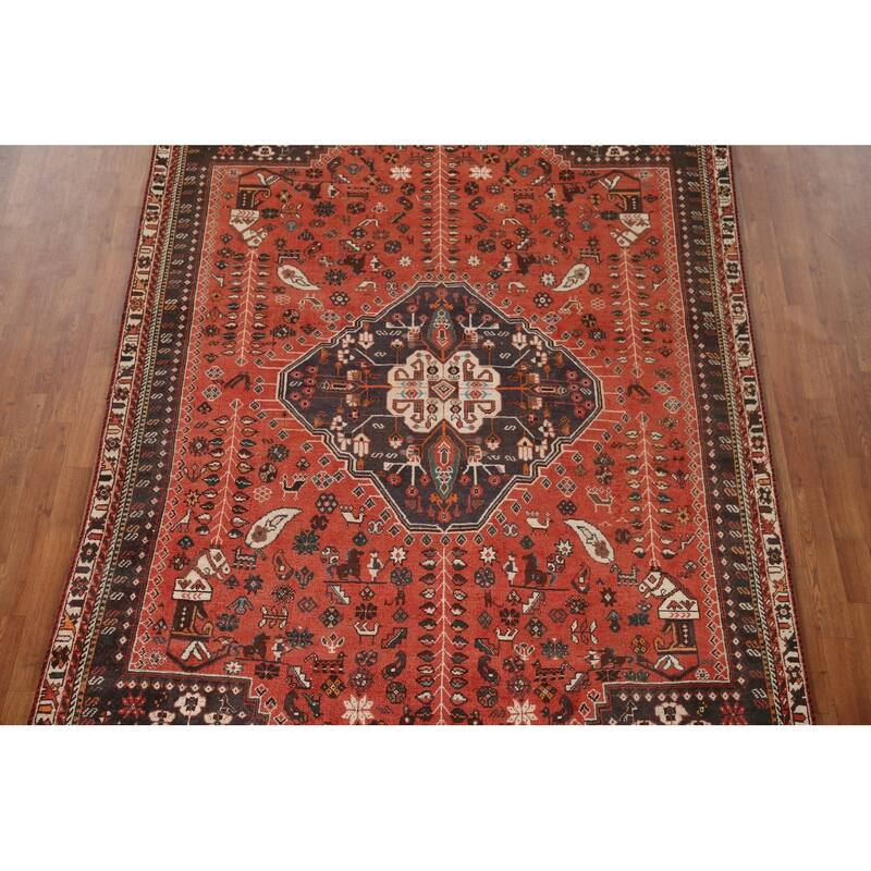 Vegetable Dye Handmade Shiraz Persian Vintage Rug Orange Wool Carpet - 6'2"x 9'4"