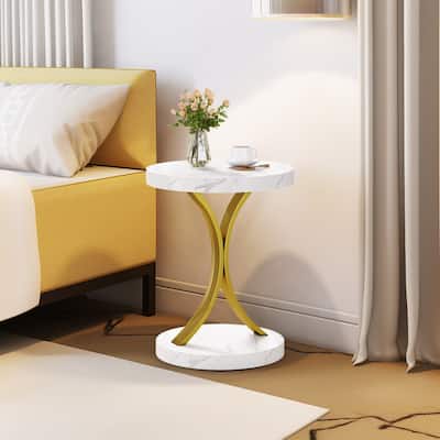Moasis Modern Round End Tables Gold Round Side Table with Faux Marble Top and Gold Metal Frame