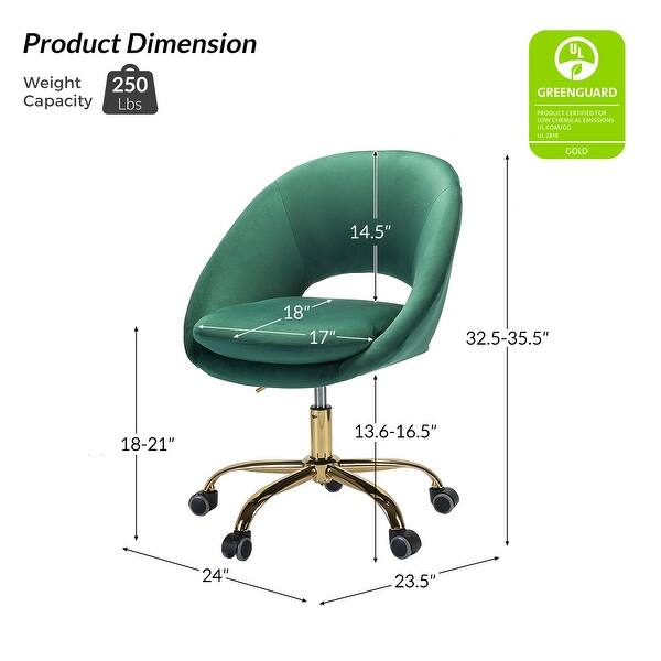 dimension image slide 17 of 18, HULALA HOME Ramona Modern Velvet Height Adjustable 360 Swivel Task Chair with Metal Base