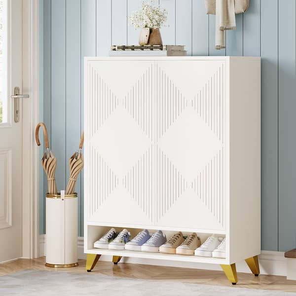 slide 2 of 25, 24 Pairs Large Wood Shoe Storage Cabinet with Doors for Entryway - 6-Tier White and Gold