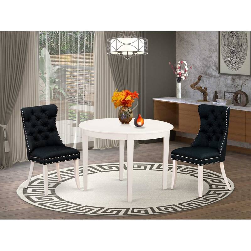 HomeStock 3-Pc Linen White Finish Round Solid Wood Top Dining Table Set
