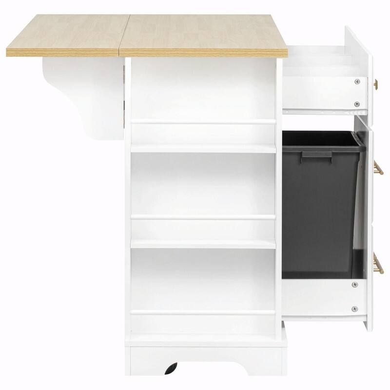 Rolling Kitchen Island with 6 Drawers, Pull-Out Trash Can Storage, Drop Leaf, Power Outlet & Side Racks