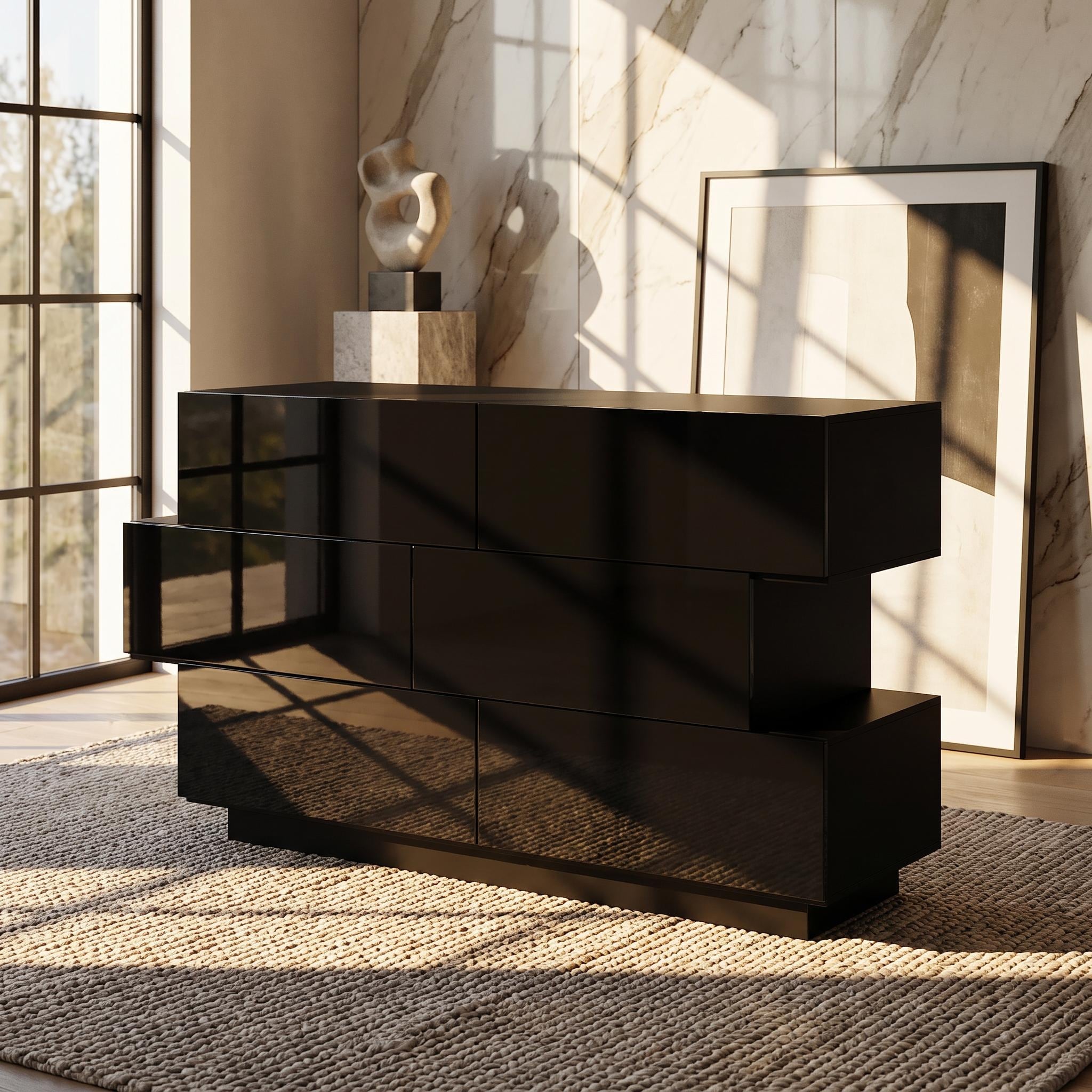 High Glossy Six-Drawer Dresser Chest with Off-Set Design (Black/White)