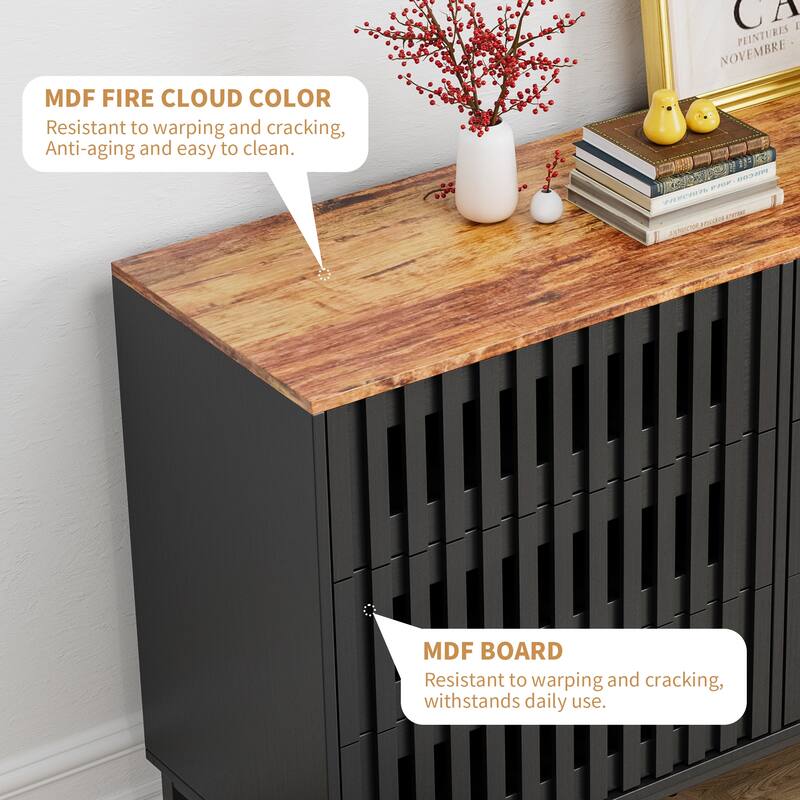 Modern Style 6-Drawer Double Dresser with Slatted Grille Striped Drawer and Hollow Caving, Wood Finish Top