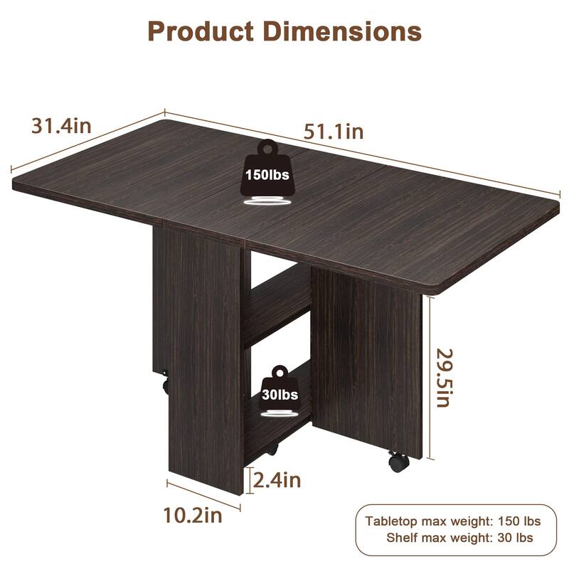 51.1inch Modern Folding Dining Table with Handle and 2 Storage Racks - 47.2"D x 23.6"W x 29.5"H