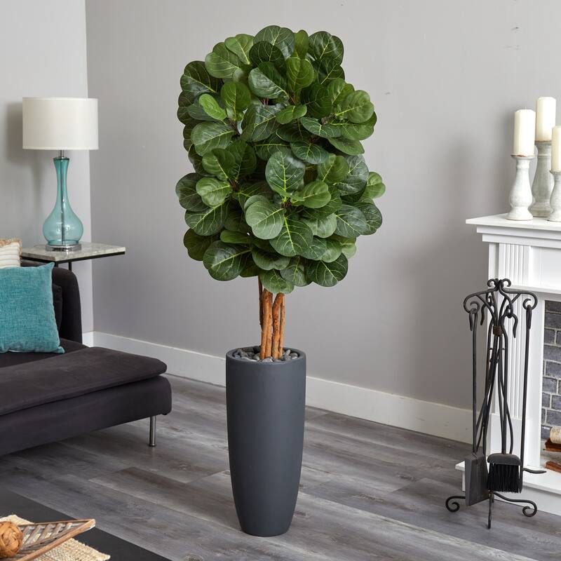 5.5ft Fiddle Leaf Artificial Tree in Gray Cylinder Planter with Oversized Green Leaves for Elegant Home Decoration