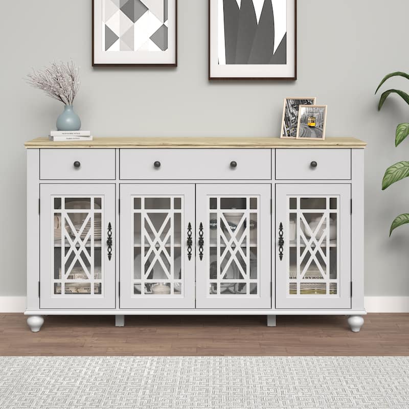 63" Vintage Style Kitchen Accent Buffet Sideboard Cabinet w/ Drawers - 63" in Width - Grayish-white