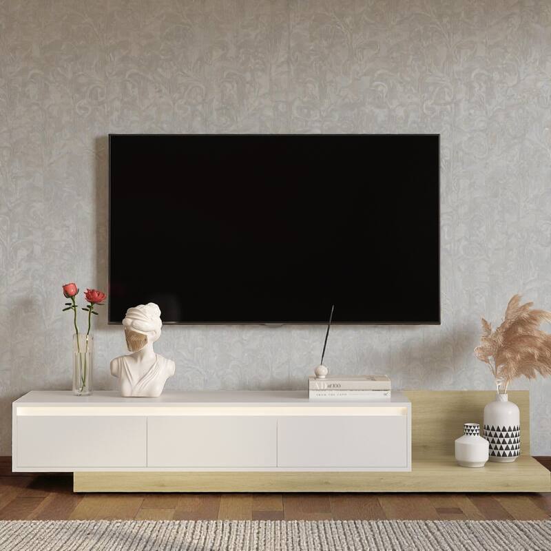 Modern TV Stand with LED Lights, Wooden Entertainment Center Media Cabinet with Storage for Living Room - White