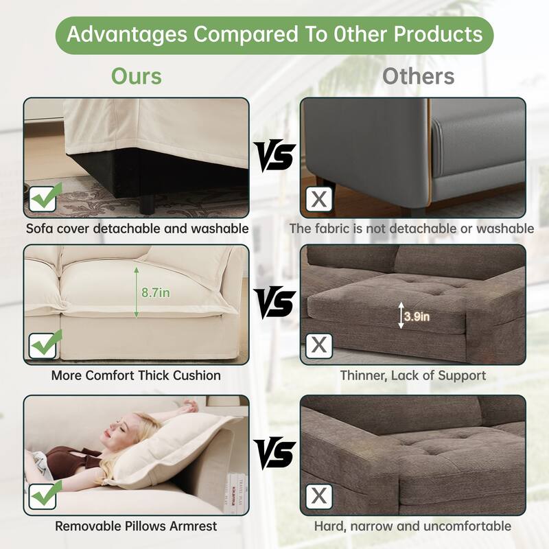 Slipcovered Chenille 2-Seater Sofa Couch with Convertible Ottoman & Soft Big Pillows