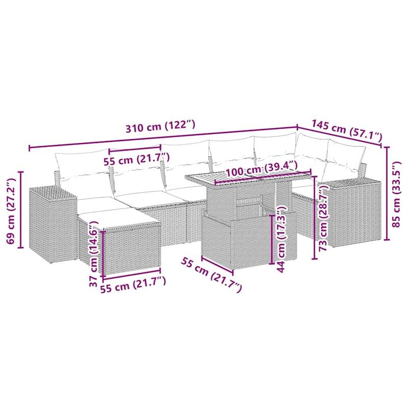 vidaXL Patio Sofa Set with Cushions Outdoor Conversation Furniture Poly Rattan - 21.7 x 24.4 x 27.2