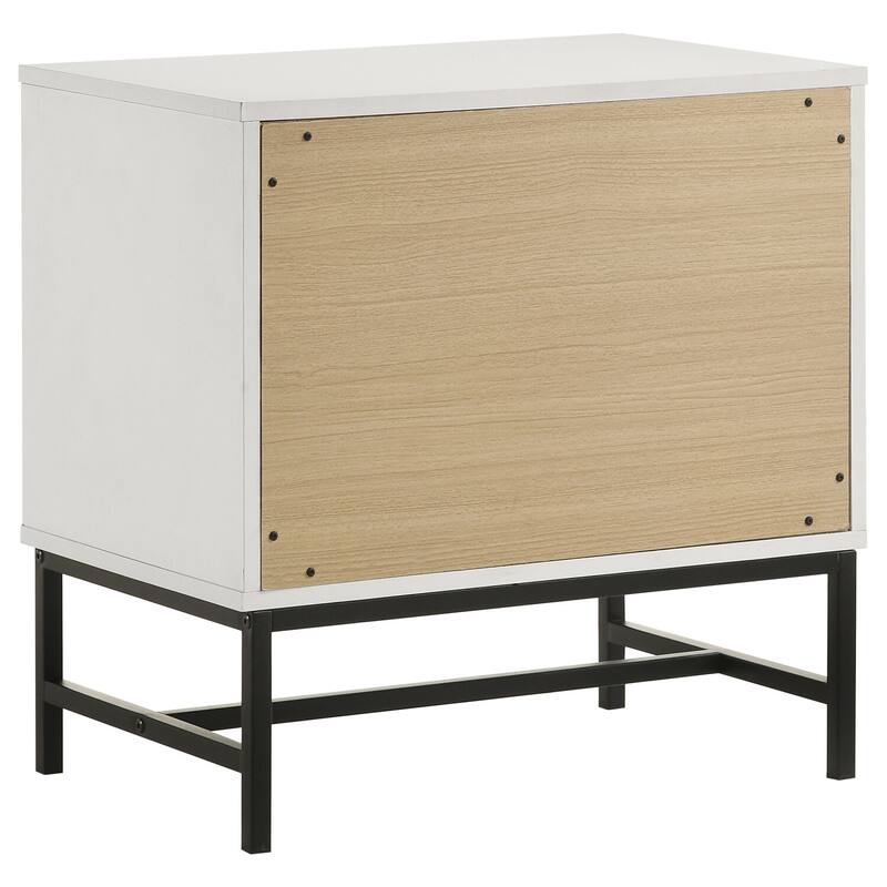 White 2-Drawer Nightstand with Black Base, Bar Pulls and Wide Top for Sleek Minimalist Contemporary Bedside