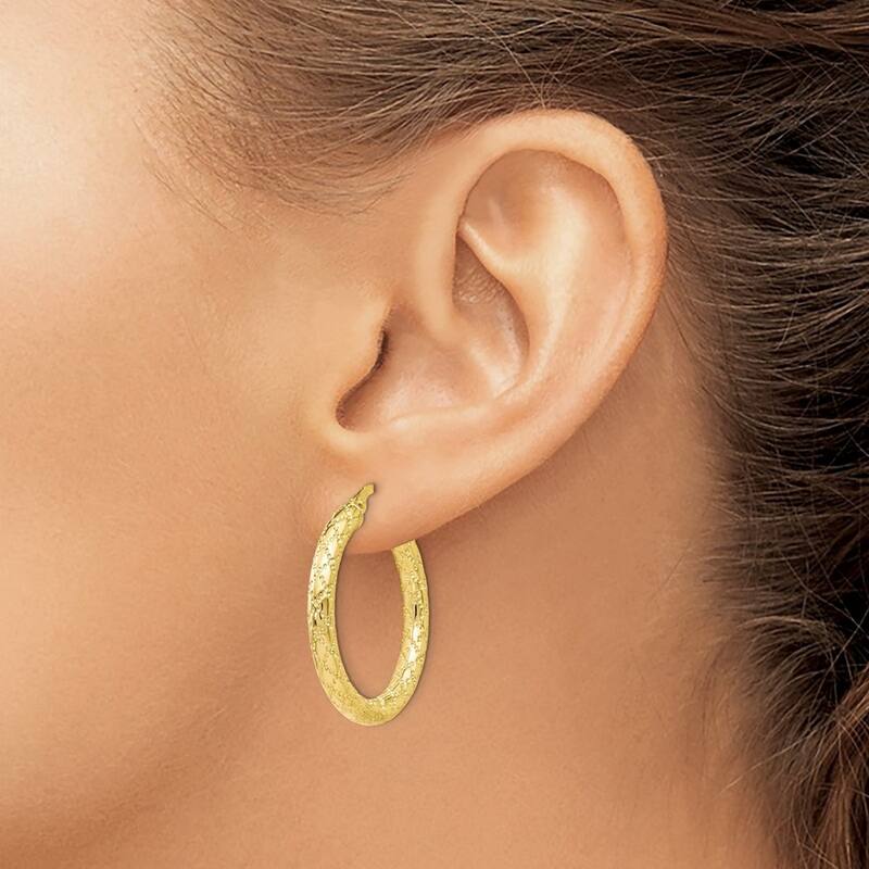 Curata 10k Yellow Gold Polished and Textured Hinged Hoop Earrings - 26x12mm Wide 2.75mm Thick