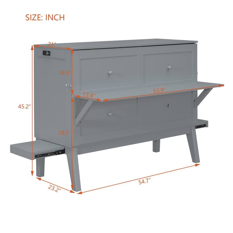 Full Size Murphy Bed with USB Port, Solid Wood Murphy Chest Bed, Platform Murphy Bed Frame with Removable Shelves On Each Side