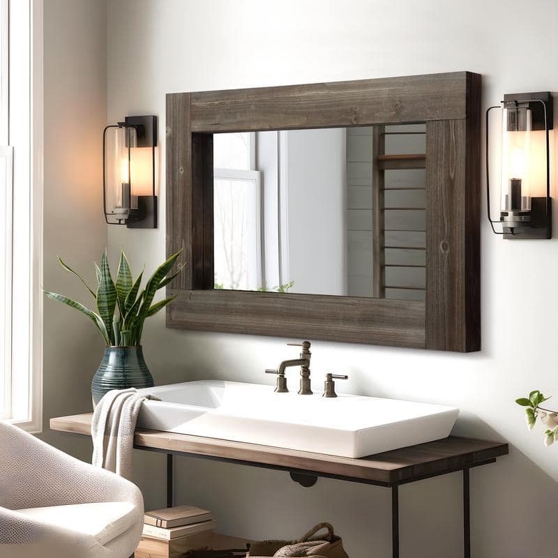 Rectangular Farmhouse Bathroom Mirror with Solid Wood Frame Rustic Wall Mounted for Bedroom Living Room Entryway Wall Decor