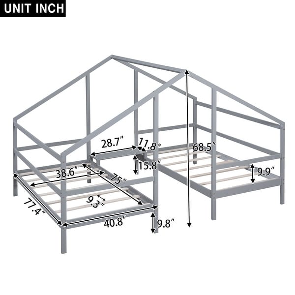 dimension image slide 0 of 2, Double Twin Size Triangular House Kids Beds Frame with Built-in Table for Shared Space, Solid Pine Construction, White