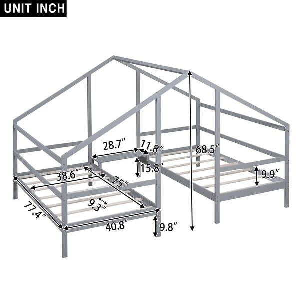 dimension image slide 1 of 2, Modern Double Twin House Beds with Center Table, Gray/White - Shared Comfort Design