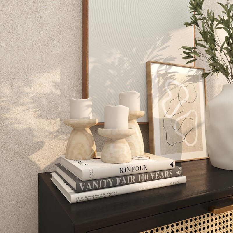Wood Pillar Candle Holder with White Wash Finish - Set of 3 Black or Brown - Roche River Decor