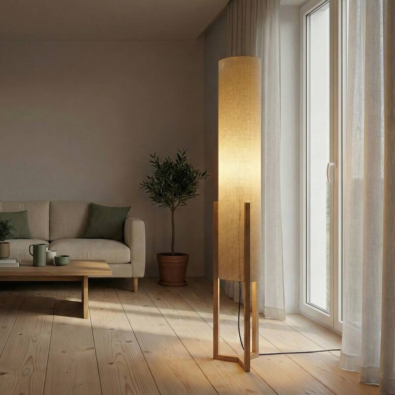 Kelly Modern Natural Wood Floor Lamp with Faux Linen Shade - Walnut