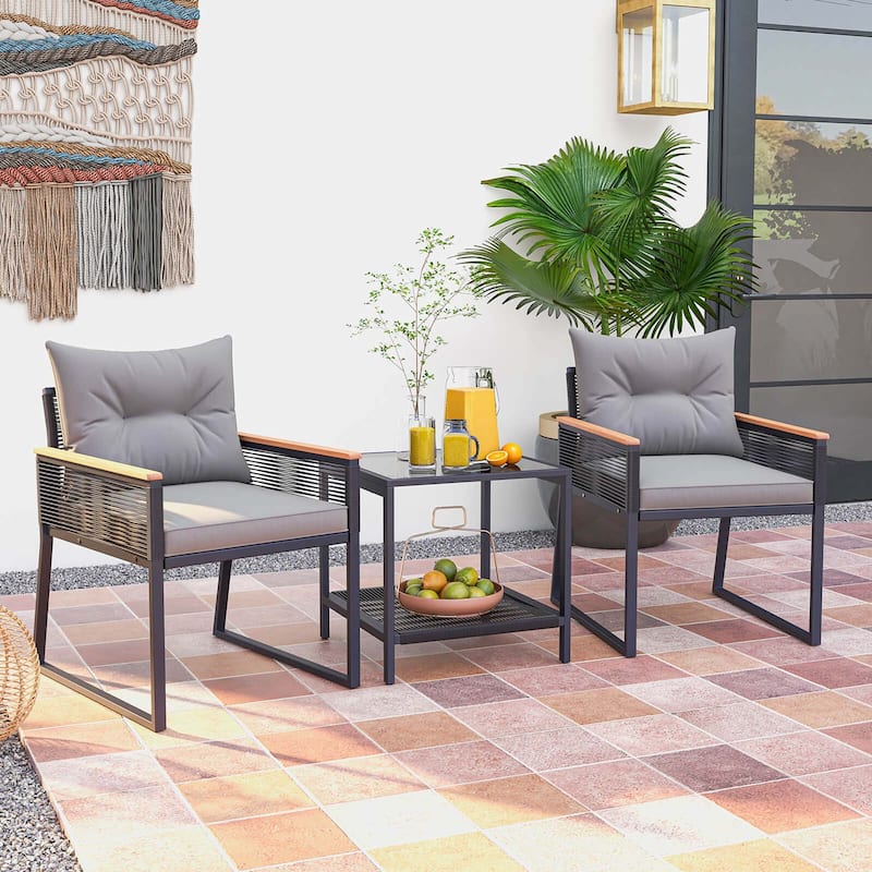 3-Pc PE Rattan Patio Set w/ Coffee Table & Cushions Outdoor Use