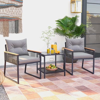 3-Pc PE Rattan Patio Set w/ Coffee Table & Cushions Outdoor Use