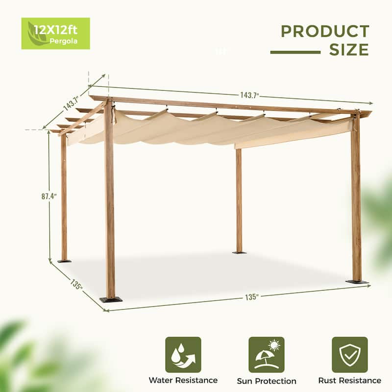 12 ft. x 12 ft. Wood Grain Aluminum Outdoor Pergola with Retractable Shade Canopy