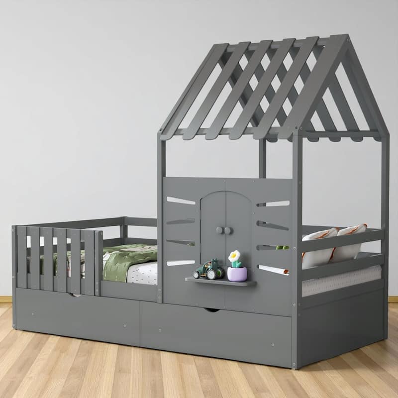 Kids Wooden Twin Bed Frame with Roof, Window Shelf, Guardrails and Storage Drawers, House Design