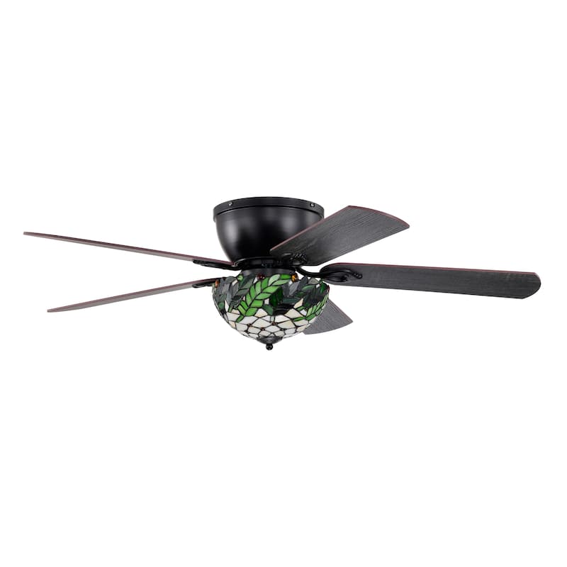 Kyemon 52-Inch Flushmount Lighted Ceiling Fan White Green Fronds Tiffany Glass Lamp Black Finish