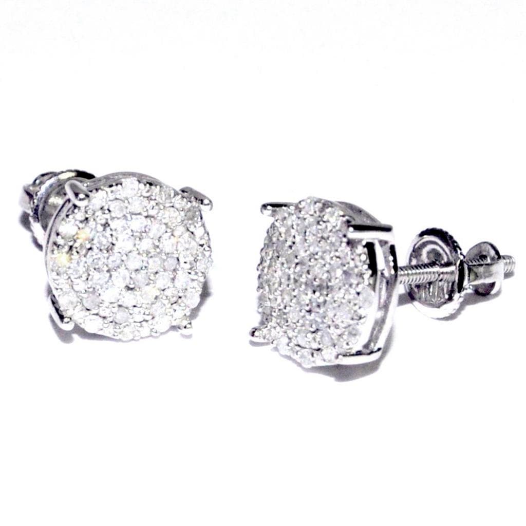 10K White Gold Diamond Earrings 1/3cttw 8mm Wide Round Pave Diamonds Screw Back i2/i3, I/j