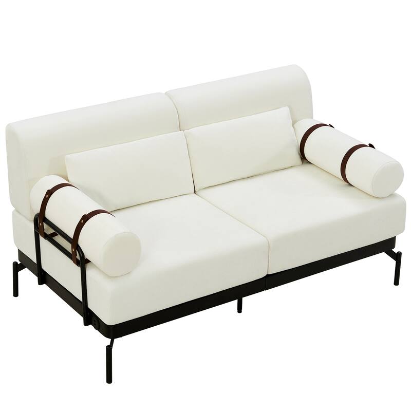 Chenille Loveseat Sofa, 59" 2 Seater Sofa with USB Ports, Round Arms, Adjustable Faux Leather Straps for Living Room